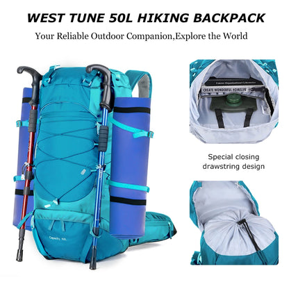 WESTTUNE 50L Sac à dos de randonnée imperméable avec couverture de pluie – Sac de voyage et d'alpinisme multifonctionnel