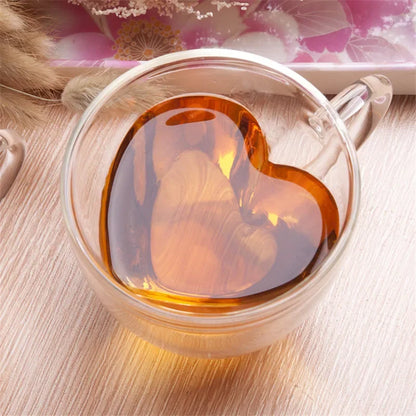 1/2pcs Heart-Shaped Double Layer Glass Cups – Insulated Tea & Coffee Cups with Handle for Latte, Cappuccino, Milk