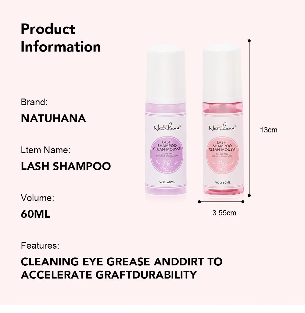 Natuhana 60ml Shampooing d'extension de cils Mousse – Mousse de nettoyage de laash pour faux cils, outil de maquillage doux et non irritant