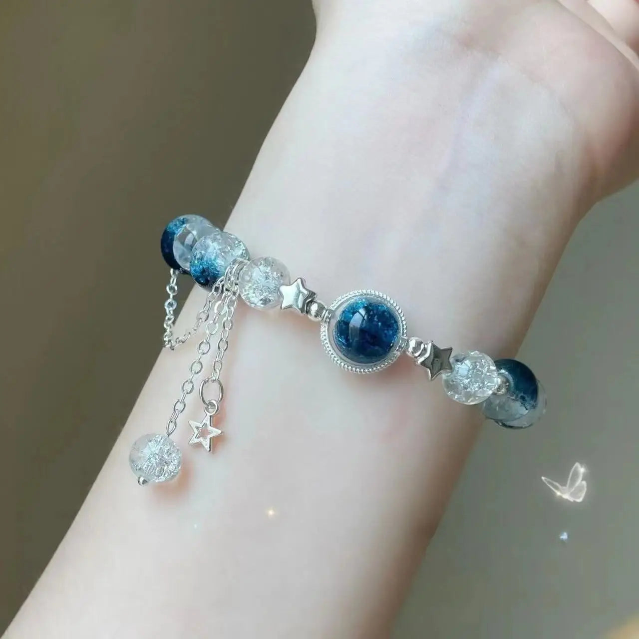 Niche Design Star Chain Tassel Bracelet – perles en cristal bleu fantaisie Bracelet de corde élastique pour les femmes