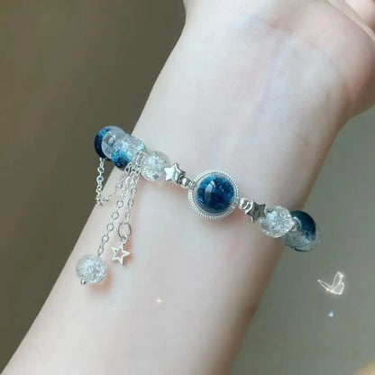 Niche Design Star Chain Tassel Bracelet – perles en cristal bleu fantaisie Bracelet de corde élastique pour les femmes