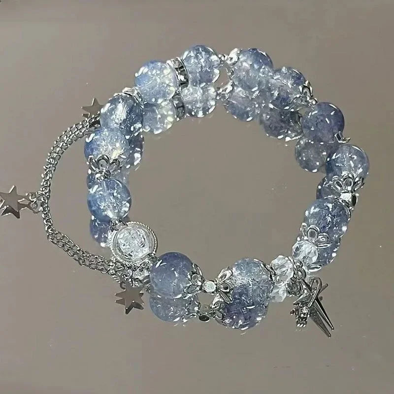 Niche Design Star Chain Tassel Bracelet – perles en cristal bleu fantaisie Bracelet de corde élastique pour les femmes