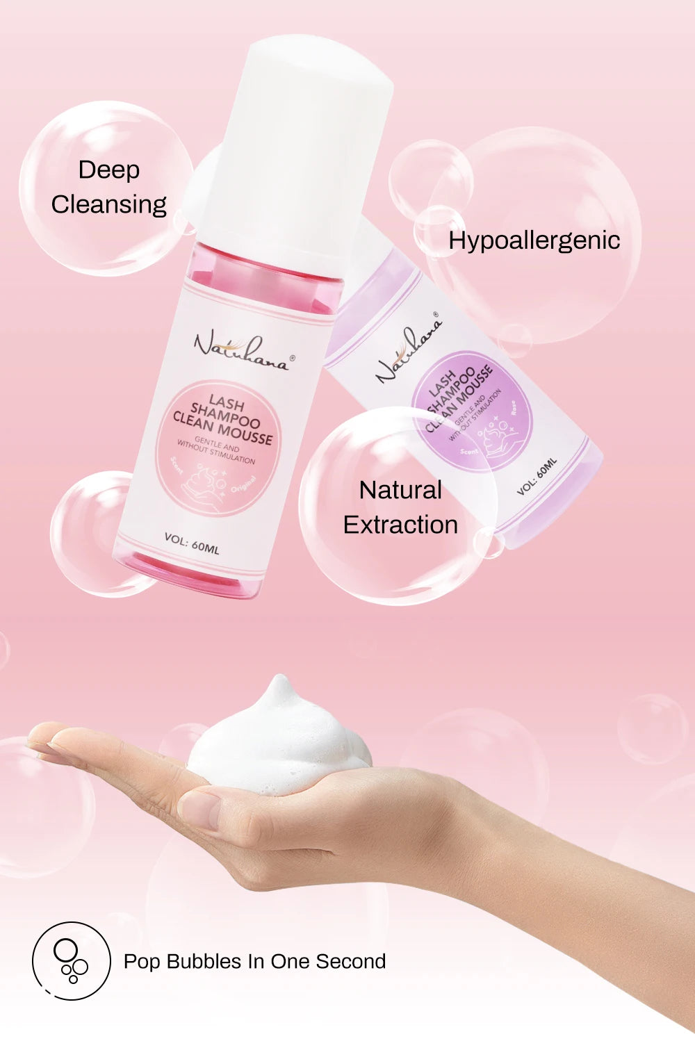 Natuhana 60ml Shampooing d'extension de cils Mousse – Mousse de nettoyage de laash pour faux cils, outil de maquillage doux et non irritant