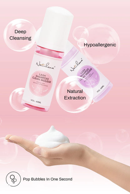 Natuhana 60ml Shampooing d'extension de cils Mousse – Mousse de nettoyage de laash pour faux cils, outil de maquillage doux et non irritant