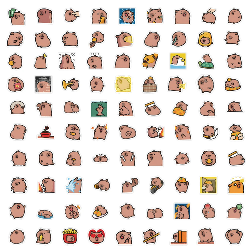 Stickers Capybaras 10/50/100pcs – Découpes de dessins animés mignons pour ordinateur portable, téléphone, voiture, vélo et bricolage enfants
