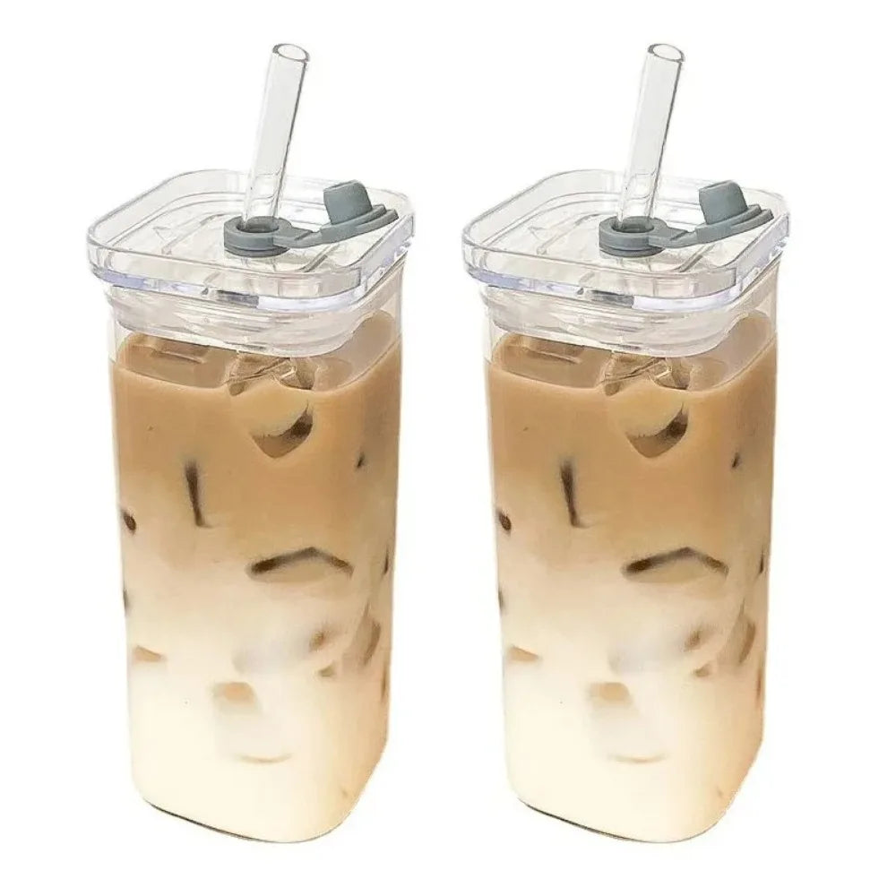 1pcs carré coupe en verre de café résistant à la chaleur avec couvercle et paille – lait transparent, thé et tasse de jus pour la maison ou le bar